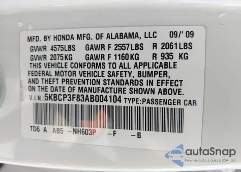 2010 Honda Accord 3.5 Ex-L z USA, uszkodzony, nr VIN 5KBCP3F83AB004104